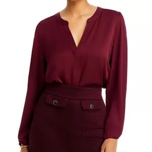 Hugo Boss Biralana Stretch Silk Blouse Burgundy Split Neck Long Sleeve Size 8